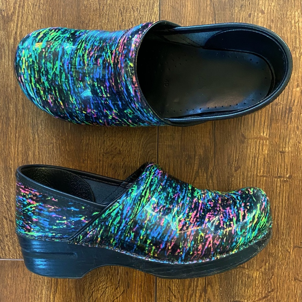 Dansko clogs neon splatter